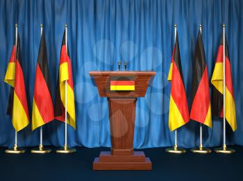 Podium speaker tribune with Germany flags. Briefing of president or chancellor. Politics concept. 3d illustration