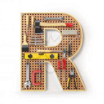 Letter R. Alphabet from the tools on the metal pegboard isolated on white.  3d illustration