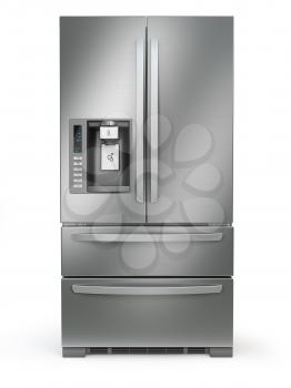 Fridge freezer. Side by side stainless steel refrigerator  with ice and water system isolated on white background. 3d illustration