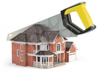 Saw is splitting a house isolated on white background.  Divorce and dividing a property concept. 3d illustration