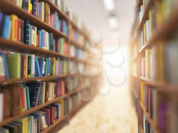 Library stacks of books and bookshelf with DOF effect and light in the end. 3d illustration