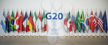 G20 summit or meeting concept. Row from flags of members of G20 Group of Twenty and list of countries, 3d illustration