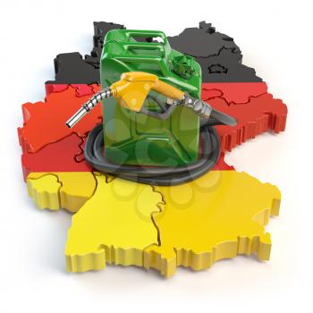 Gasoline and petrol consumption and production in Germany. Map of Germany with jerrycan and gas pump nozzle. 3d illustration