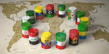 OPEC concept. Oil barrels in color of flags of countries memebers of OPEC on world political map background. 3d illustration