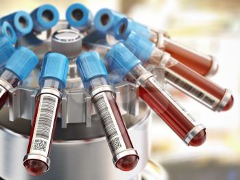 Blood test tubes in centrifuge. Medical laboratory concept. 3d illustration