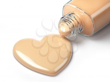 Liquid makeup foundation cream in form of the heart symbol and glass bottle. 3d illustration