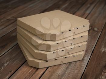 Pizza boxes on vintage wooden planks. Mock up. 3d illustration