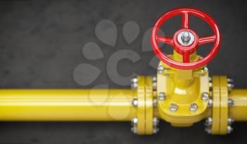 Gas pipeline valve on a wall. Space for text. Gas pressure control. 3d illustration