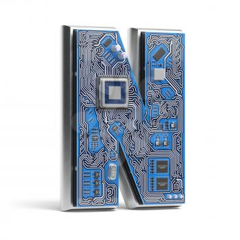 Letter N.  Alphabet in circuit board style. Digital hi-tech letter isolated on white. 3d illustration