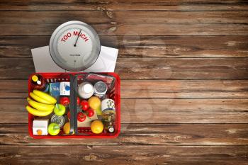 Groceries in a shopping basket on weight scale. Overnutrition, malnutrition, overconsumption and diet concept. 3d illustration