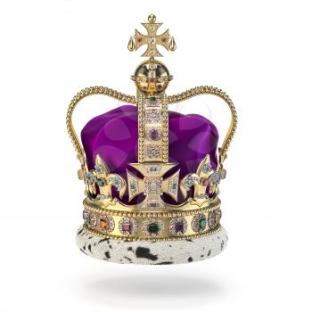 English golden crown with jewels isolated on white. Royal symbol of UK monarchy. 3d illustration