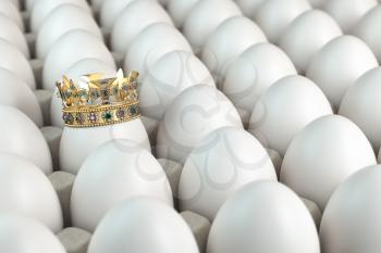 Trey with white eggs and one egg with crown. Indiciduality and best choice concept. 3d illustration