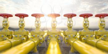 Yellow gas pipe line valves. Oil and gas extraction, production  and transportation industrial background. 3d illustration