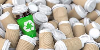 Recycling  sign on one of the heap of many empty paper coffee cups. 3d illustration