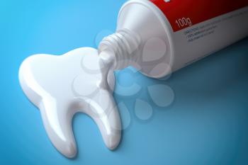 Toothpaste in the shape of tooth coming out from toothpaste tube. Brushing teeth dental concept. 3d illustration