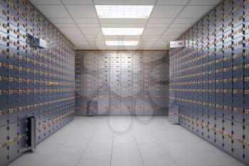 Safe deposit boxes room inside of a bank vault. 3d illustration