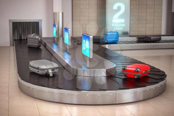 Suitcases on the airport luggage conveyor belt. Baggage claim. Airport terminal. 3d illustration