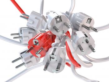 Unique red electric plug in the heap of a white plugs. Leadership, competition, unique and unicity concept. 3d illustration