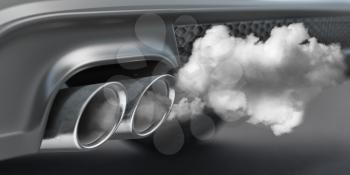 Combustion fumes co2 coming out of car exhaust pipe. Ecology, pollution of environment concept. 3d illustration