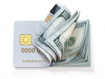 Credit card and dollar in cash. Banking, shopping concept. Opening a wallet or bank account. 3d illustration