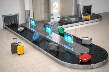 Baggage claim in airport terminal. Suitcases on the airport luggage conveyor belt. 3d illustration