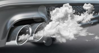 Combustion fumes co2 coming out of car exhaust pipe. Ecology, pollution of environment concept. 3d illustration