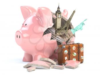 Travel, tourism, planning budget of a  rip or vacation concept.  Broken piggy bank and most popular landmarks of the world. 3d illustration