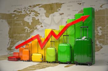 Growth travel and tourism industry. Graph and diagram from suitcases on the map of world. 3d illustration