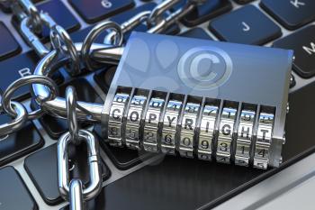 Copyright text on code padlock on computer keyboard. Intellectual property protection concept. 3d illustration