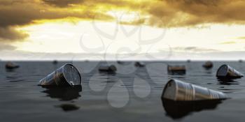 Oil barrels floating on the oil sea. Oil industry crisis concept. 3d illustration