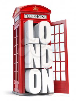 Red London telephone booth with text London isolated on white background. 3d illustration