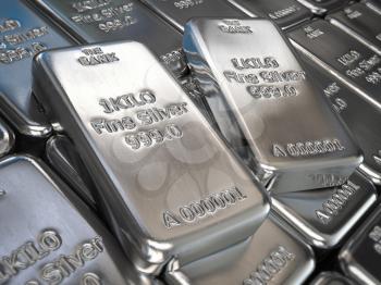 Silver bars or ingots background. Precious metal. 3d illustration 