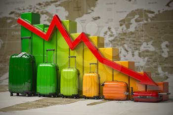 Crisis in travel and tourism industry. Graph and diagram from suitcases on the map of world. 3d illustration