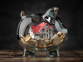 Glass piggy bank with coins and house. Mortgage, savings for real estate or to buy a house concept. 3d illustration