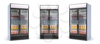 Fridge with drinks isolated on white. Set of showcase refrigerators with water, beer nad soda in the grocery shop. 3d illustration