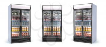 Fridge with drinks isolated on white. Set of showcase refrigerators with water, beer nad soda in the grocery shop. 3d illustration