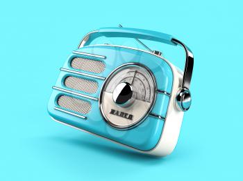 Blue vintage radio on blue background. 3d illustration