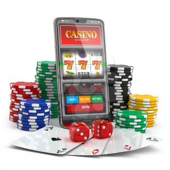 Online casino. Slot machine on smartphone screen, dice, casino chips and cards. 3d illustration