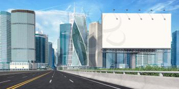 Blank billboard near highway to downtown city with skyscrapers. 3d illustration