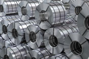 Rolls of metal sheet. Zync, aluminium or steel sheet rolls on warehouse in factory. 3d illustration