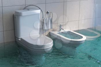 Broken toilet and bidet overflowing. 3d illustration