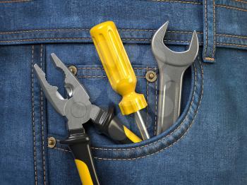 Tools in jeans pocket. Service and engineering concept. 3d illustration