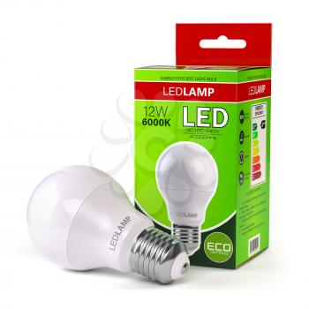 Led lamp with package box isolated on white. Energy efficient light bulb. 3d illustration