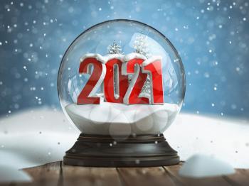 Happy new 2020 year, Snowball witn 2020 on the wooden table. 3d illustration