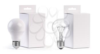 Electric light bulbs LED and incandescent with blank paper box isolated on white. Mock up 3d illustration