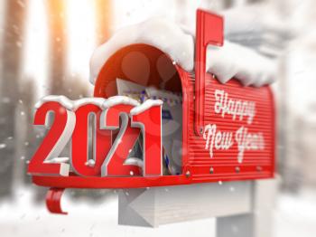 Happy New 2021 Year. Mailbox with letters and number 2021. 3d illustration