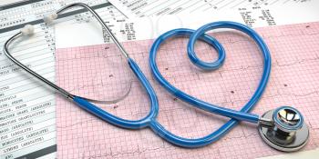 Stethoscope in form of heart on beat cardiogram report. Medical cardiology concept. 3d illustration