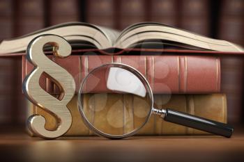 Paragraph sign with loupe and books. Searching, justice and law concept. 3d illustration