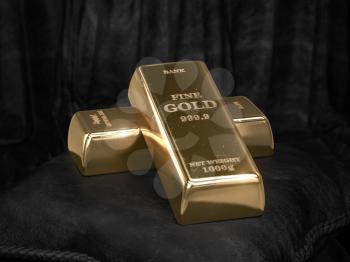 Golden bars or ingots on black velvet pillow background. 3d illustration