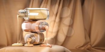 Make up liquid foundation cream cosmetics bottles ion beige velvet  background. 3d illustration